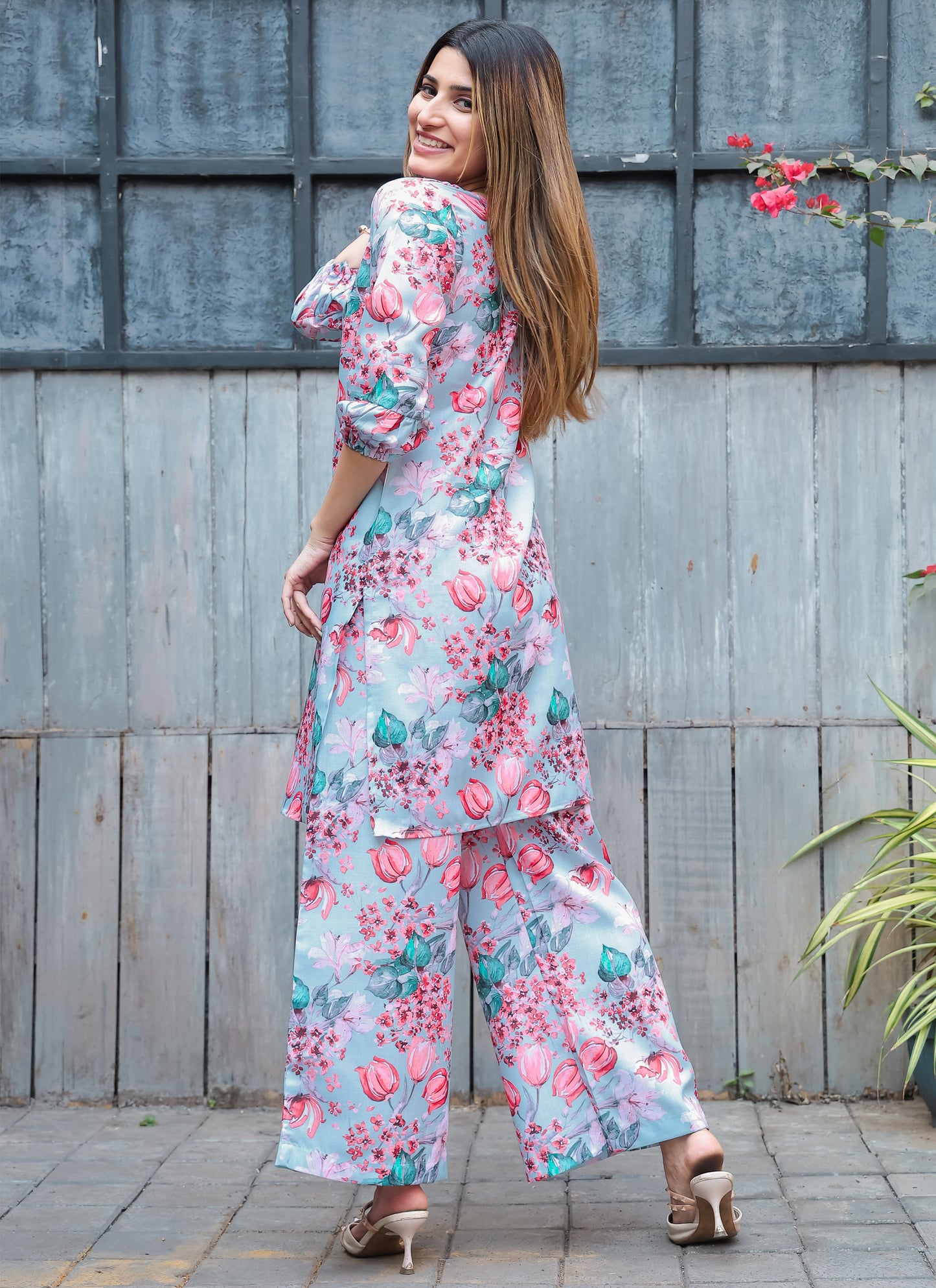 Sky-Blue Florals Print Cotton Co-ord Set