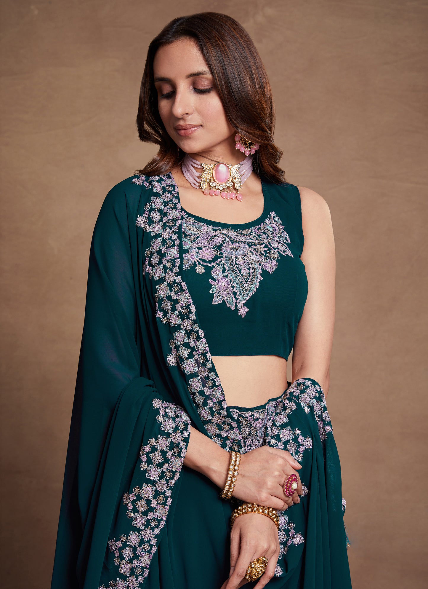 Teal Blue Gorgette Lehenga Choli