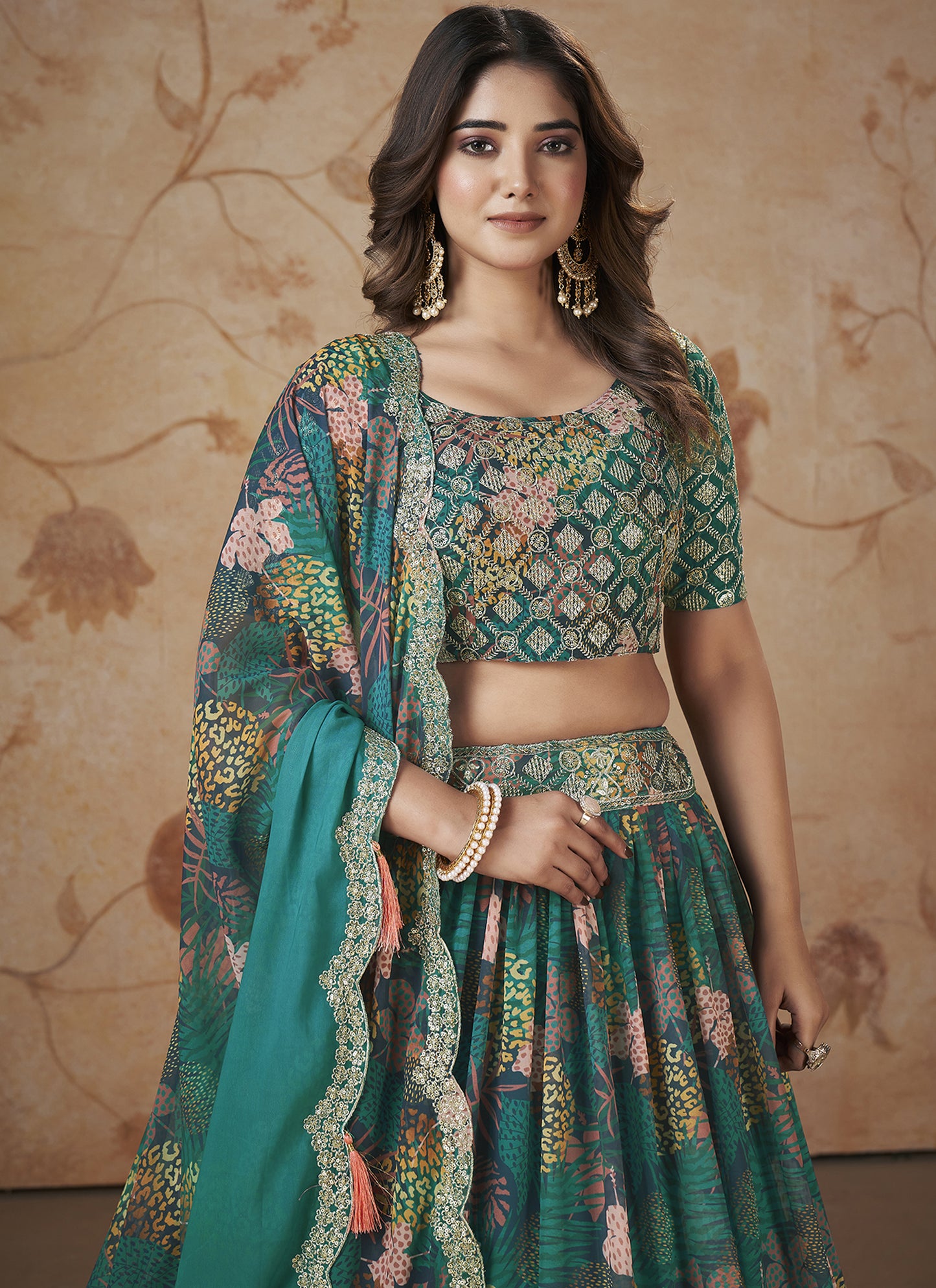 Fancy Printed Rama Green Lehenga Choli