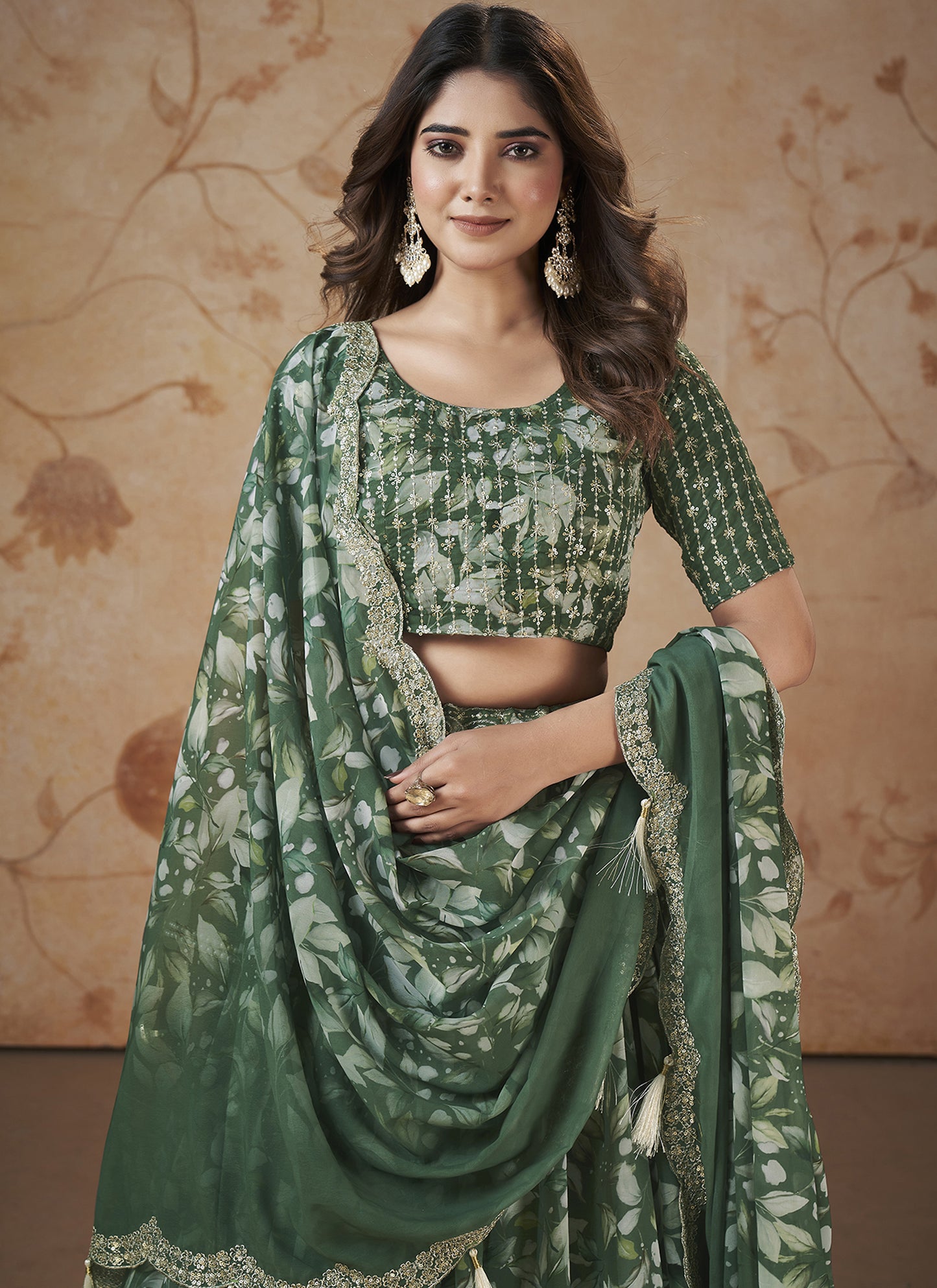 Fancy Printed Mahendi Green Lehenga Choli