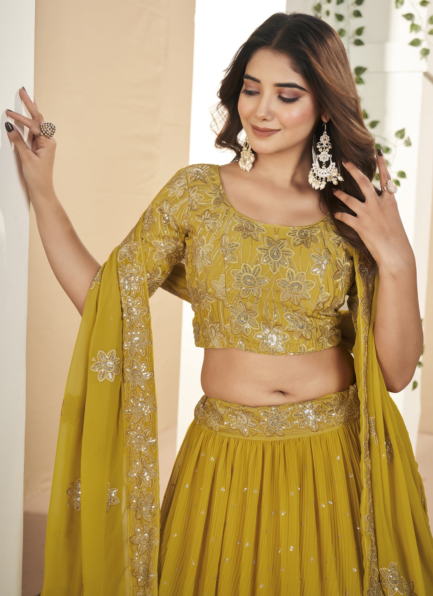 Fancy Mustard Yellow Gorgette Lehenga Choli