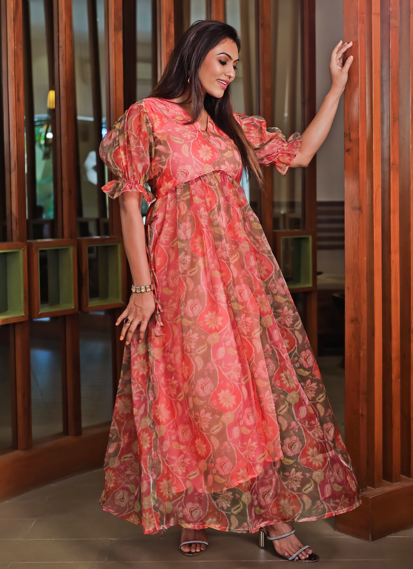 Pure Organza Peach Maxi Dress