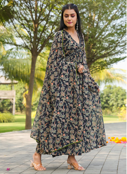 Printed Black Gown With Dupatta