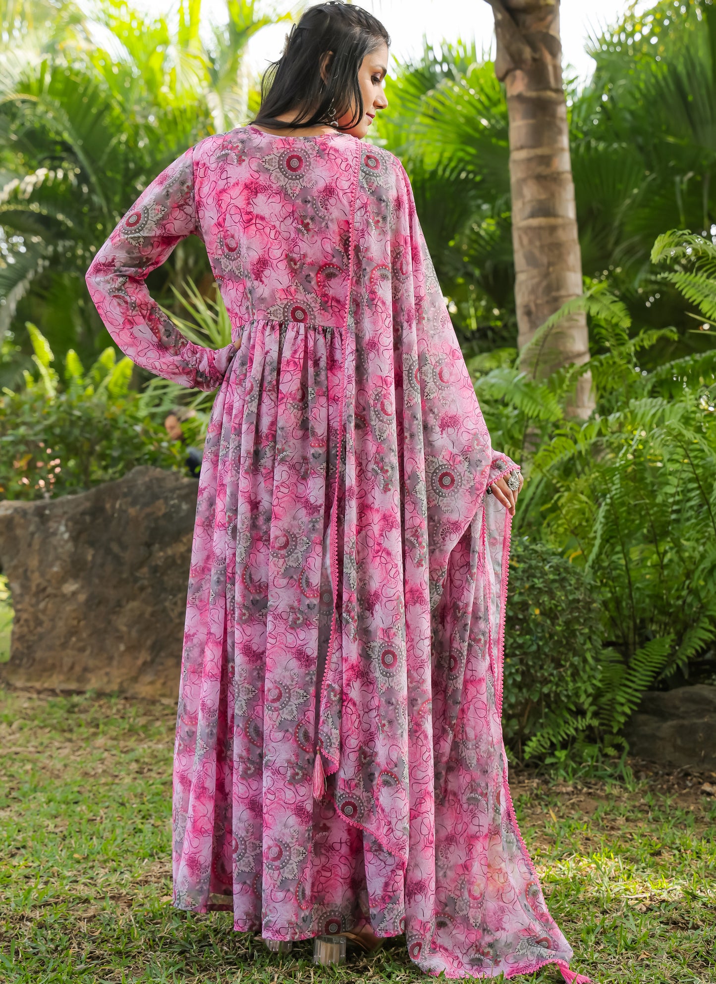 Printed Pink Gown With Dupatta