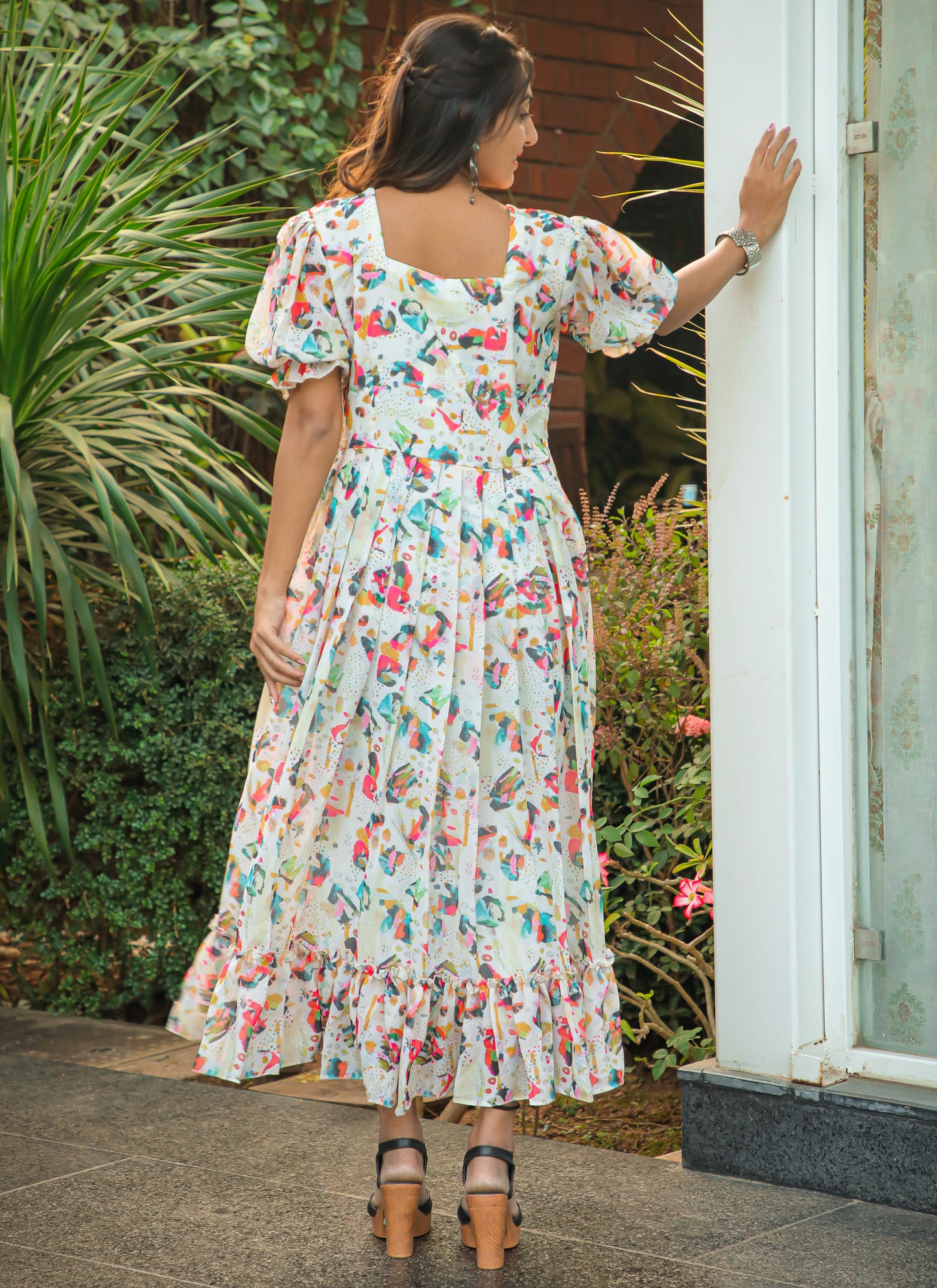 White Multi Printed Georgette Western Dress