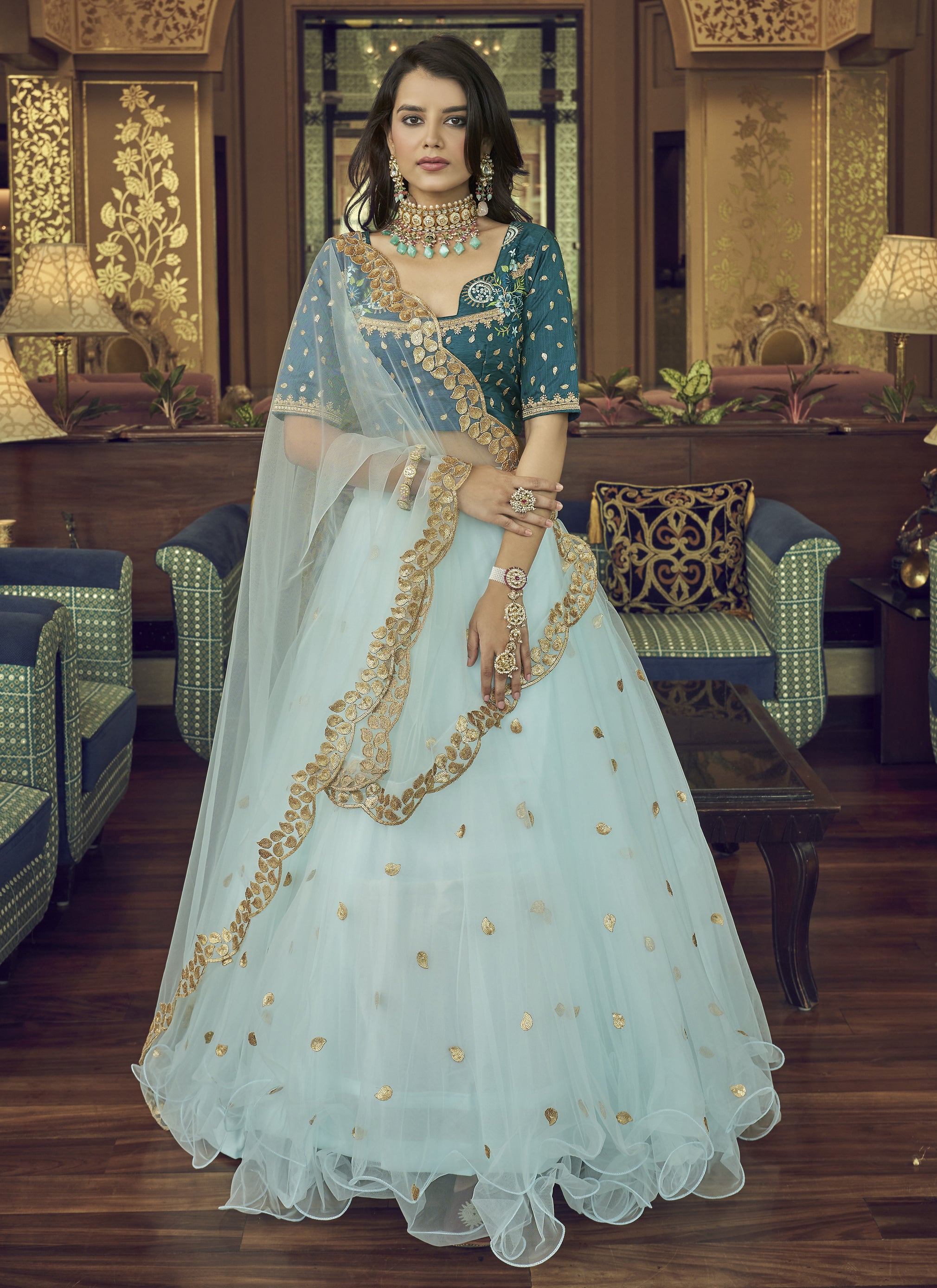Net Sky Blue Party Wear Lehenga Choli - Main Image