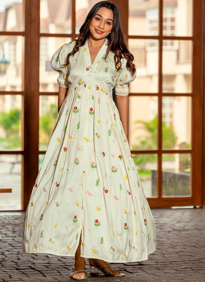 silk western dress Chic Cream and Red Printed Silk Dress for Women