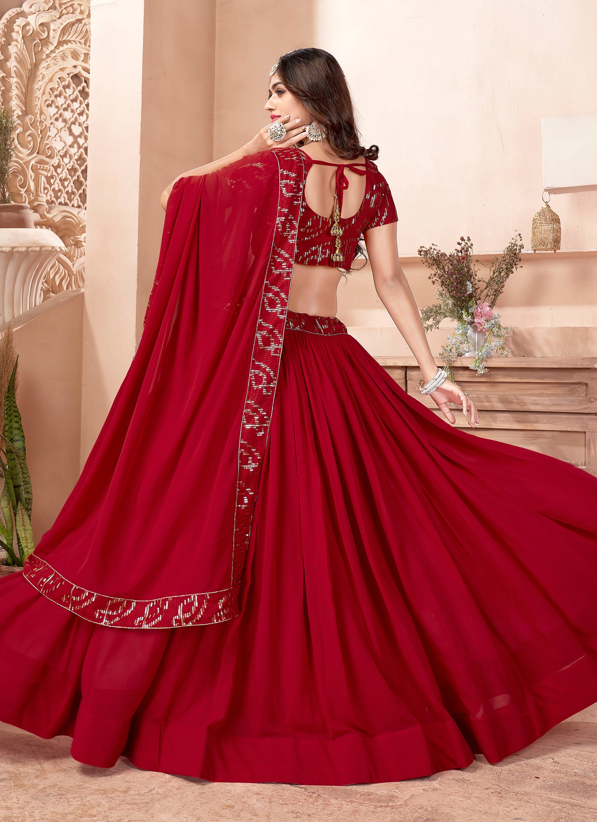 Red Party Wear Flared Lehenga Choli 100% Money Back Guarantee