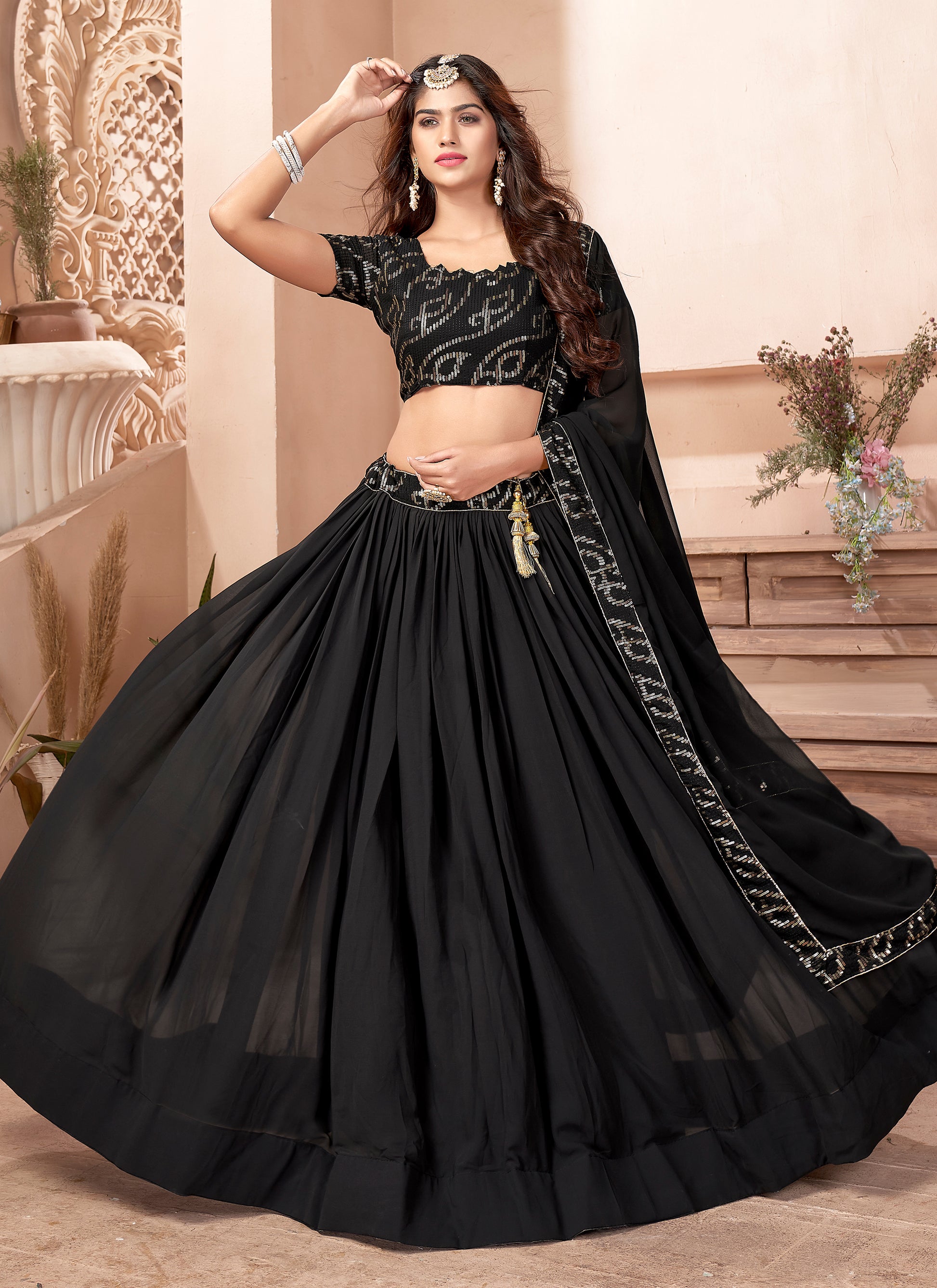 Black Party Wear Faux Georgette Lehenga Choli 100% Money Back