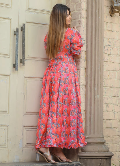 Pink Floral Printed Long Maxi Dress