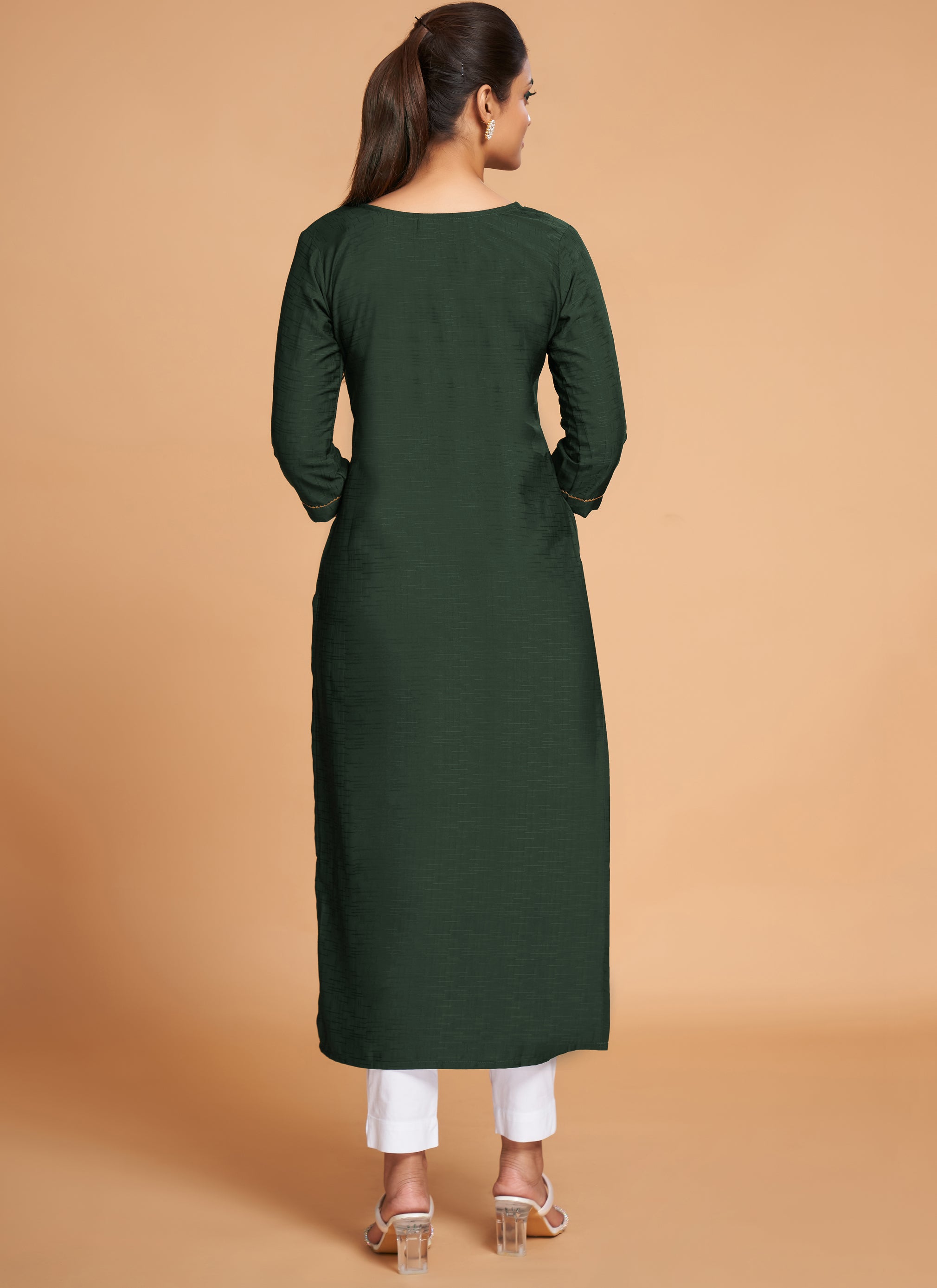 Dark Green Front Button design Party Dress | Front embroidered round neck  festival party wear, Bohemian cotton relax midi ankle silhouette | Designer  party wear dresses, Kurti designs, Designs for dresses