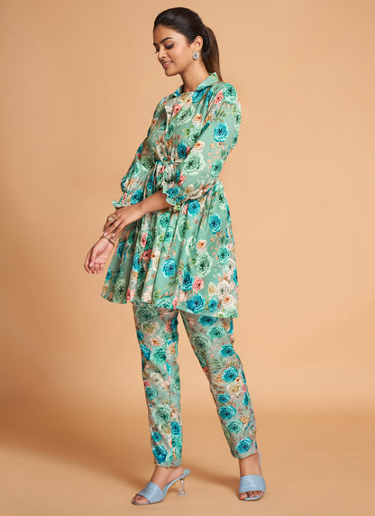 Sea Green Floral Rayon Co-Ord Set