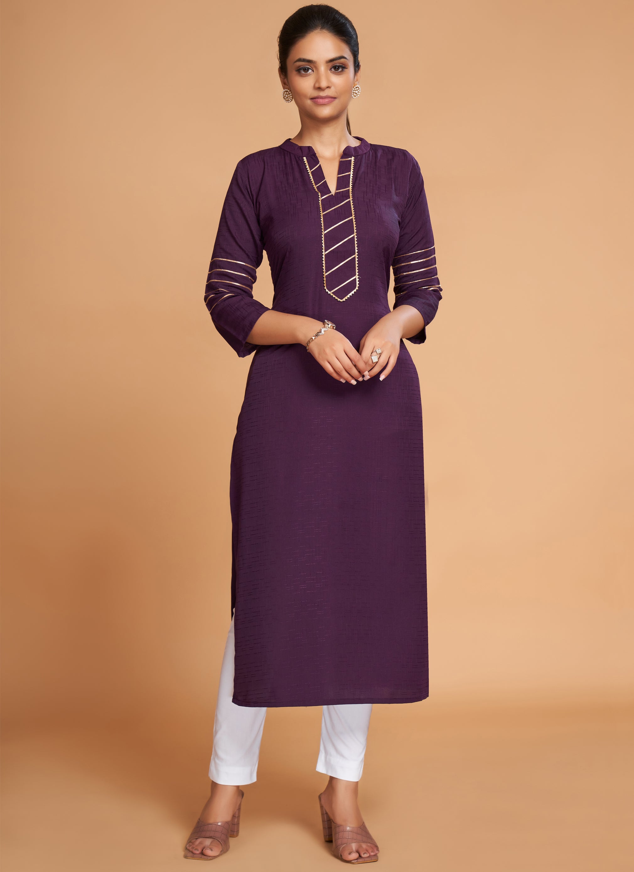 Purple Embellished With Embroidered Cotton Kurti