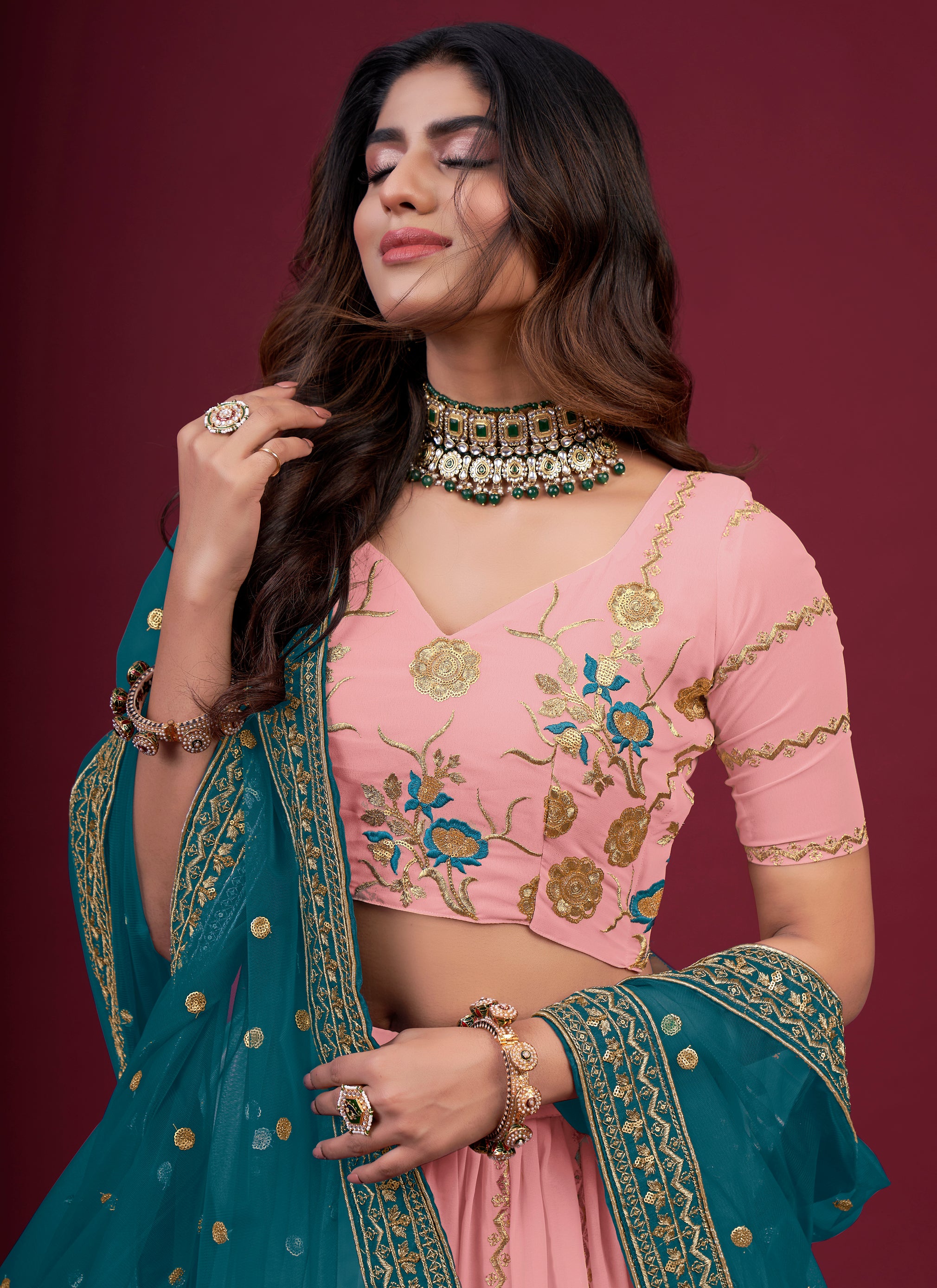 Astounding Peach Colored Velvet With Thread Sequence Embroidered Work  Lehenga Choli For Wedding Wear - RJ Fashion
