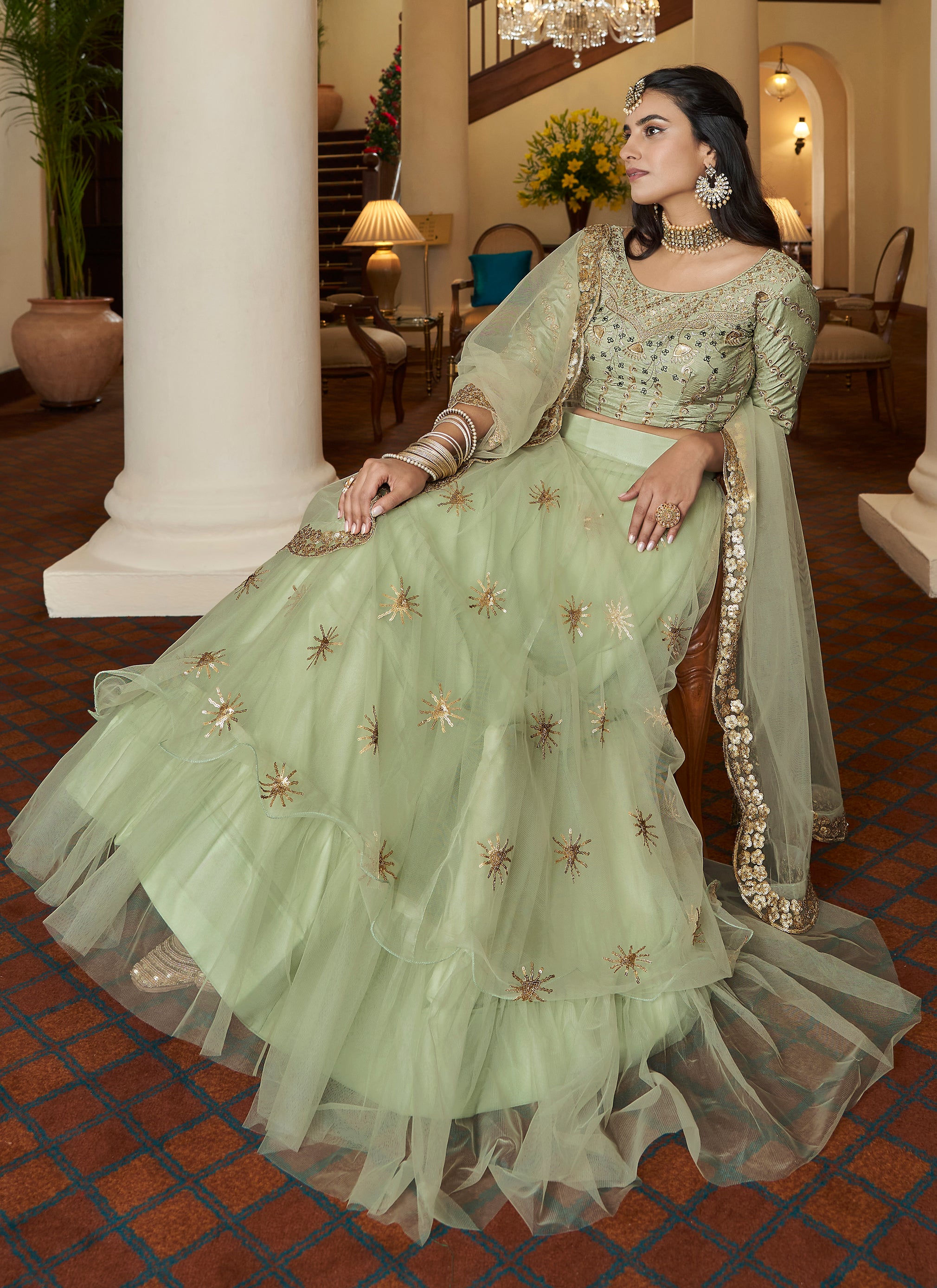 Shrena Hirawat- Peach and Pista Green Lehenga Set | Simple lehenga, Indian  outfits lehenga, Indian designer outfits