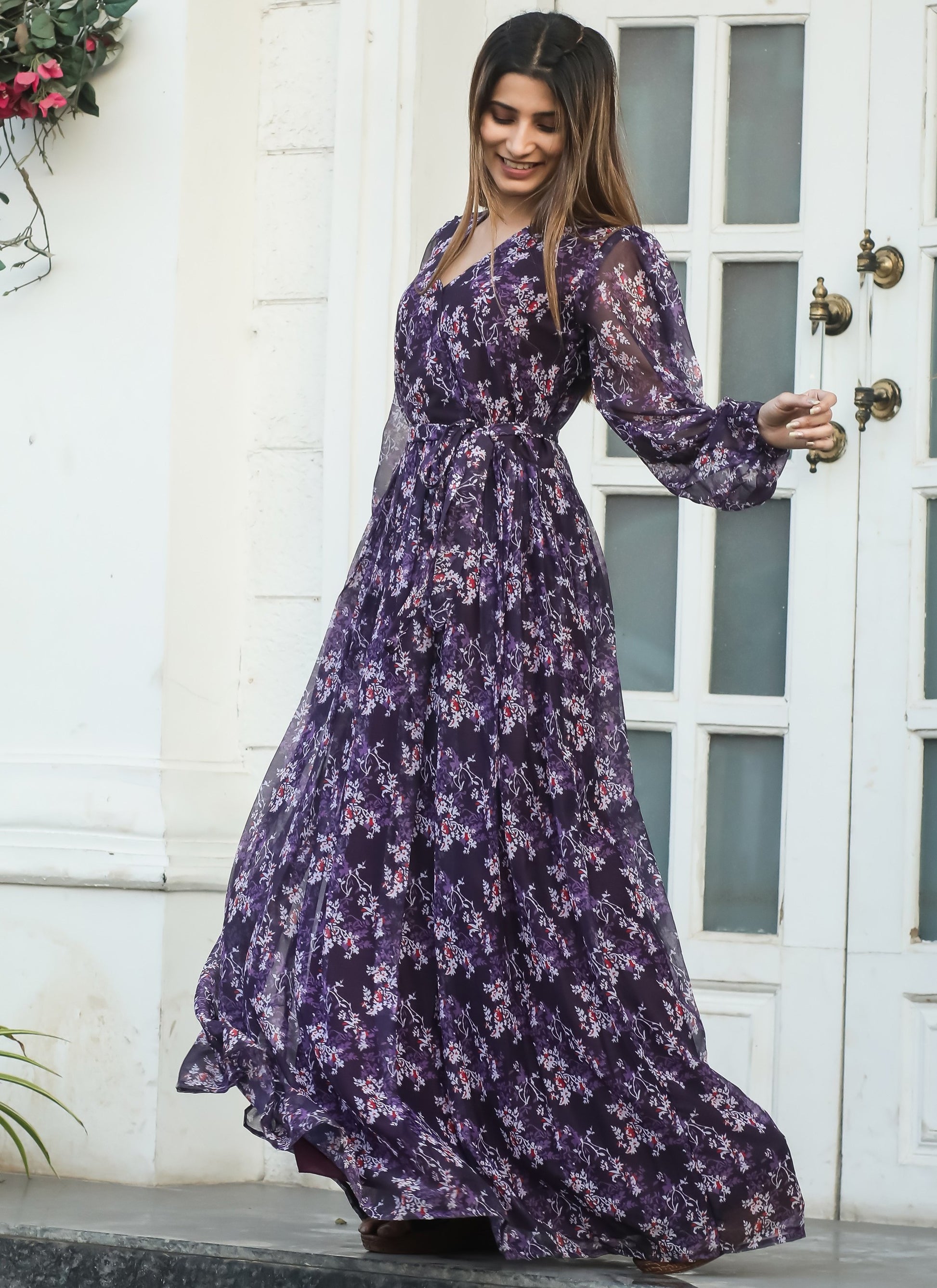 Purple Long Indian Style Dresses Purple Indian Party Wear Gown In Chinon With Embroidery And Purple Long Indian Style Dresses Purple Indian Party Wear Gown In Chinon With Embroidery And