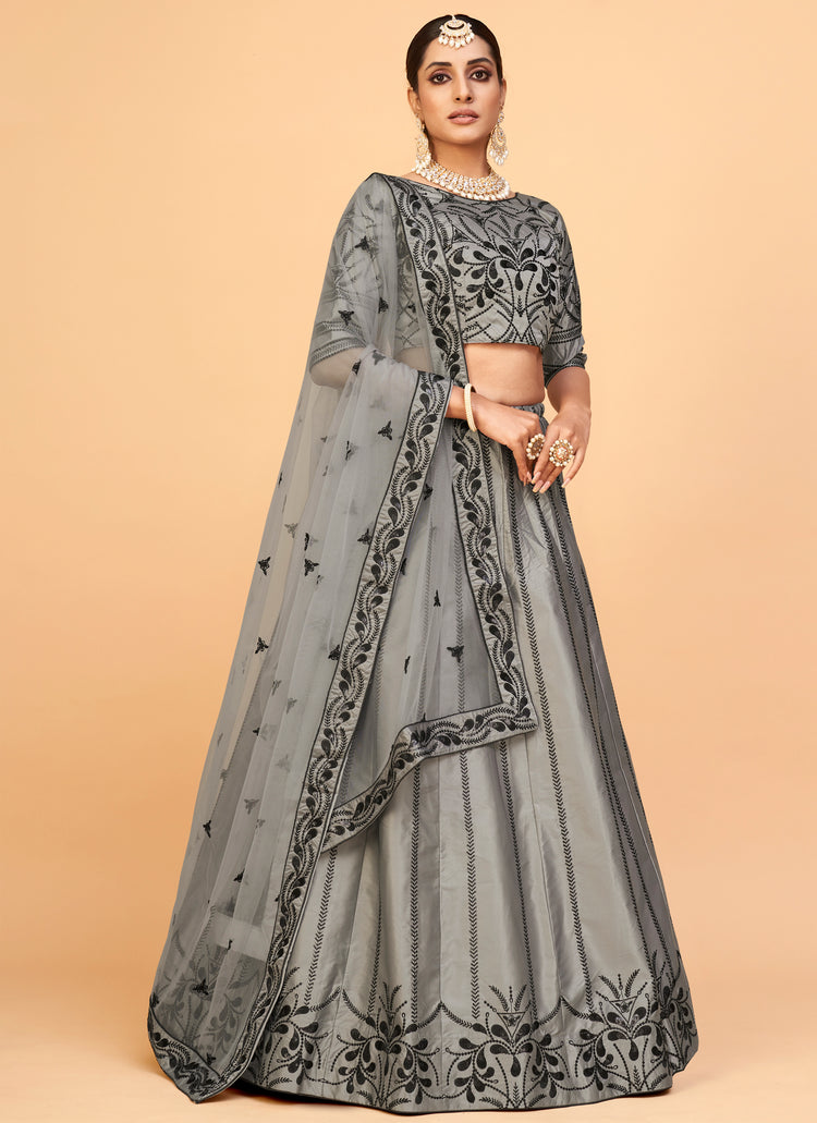 Grey Silk Sequins Wedding Lehenga Choli