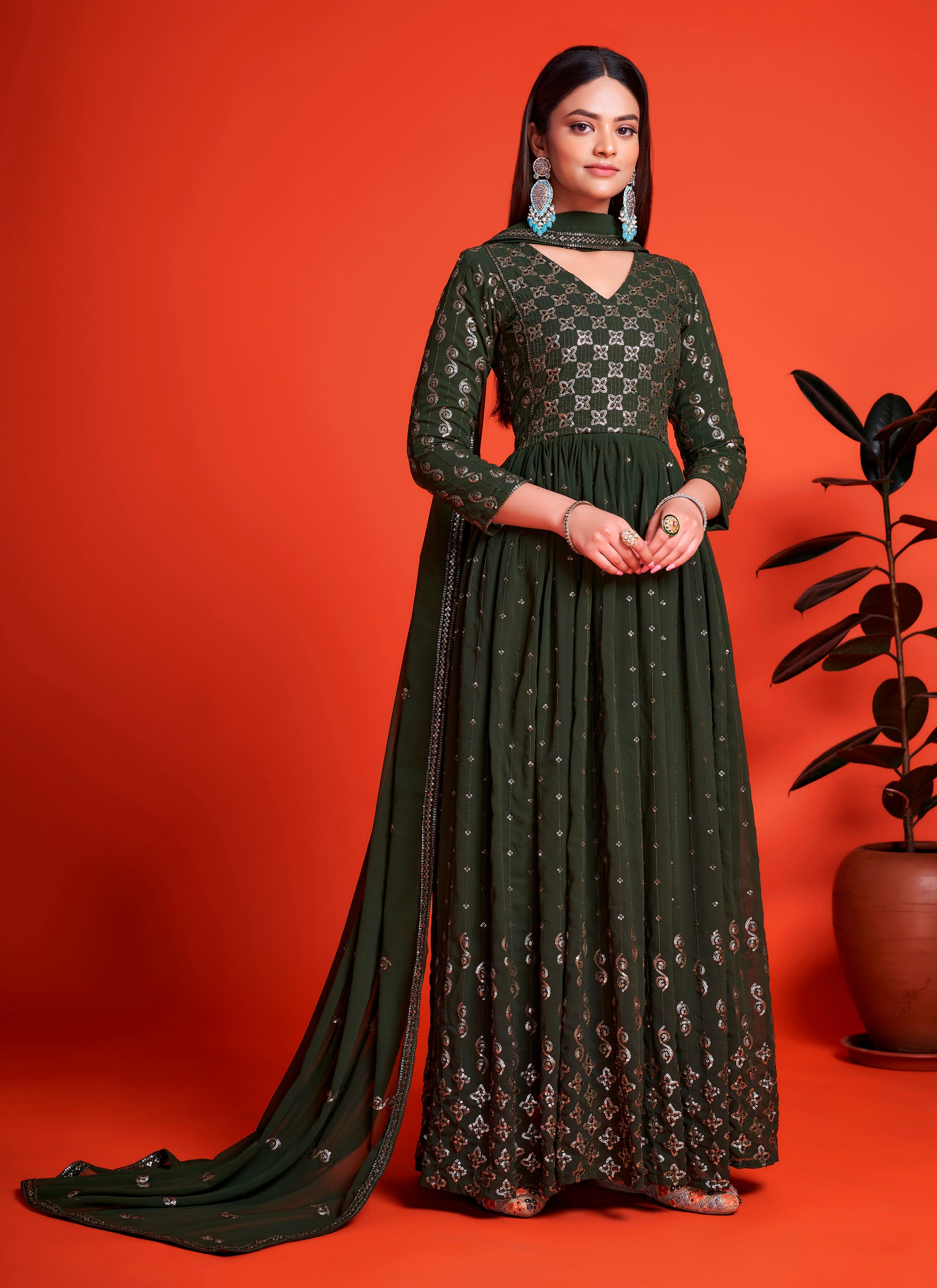 Designer Mehendi Green Long Gown – Indian Rani