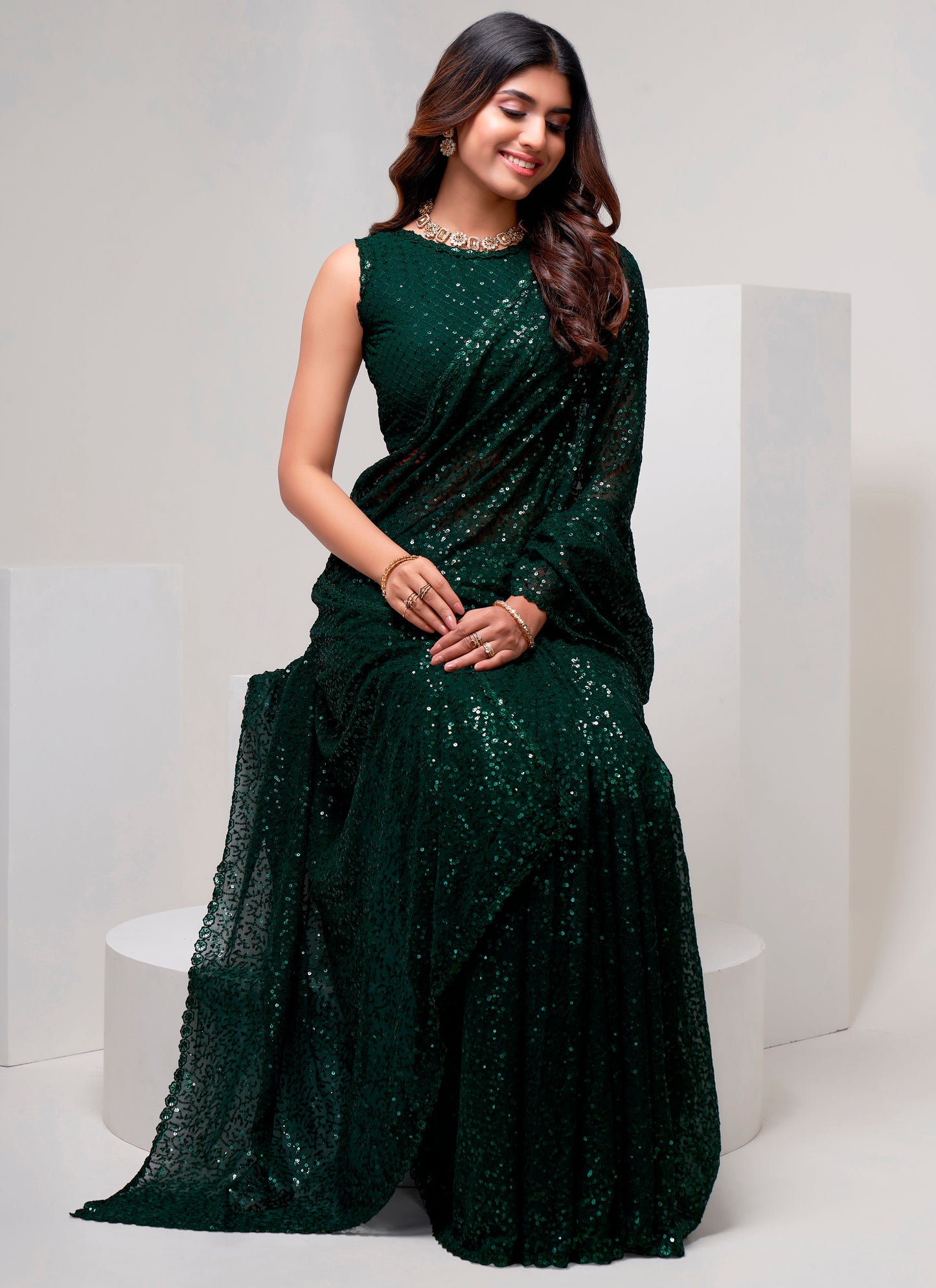 Dark Green Designer Sequin Saree With Blouse