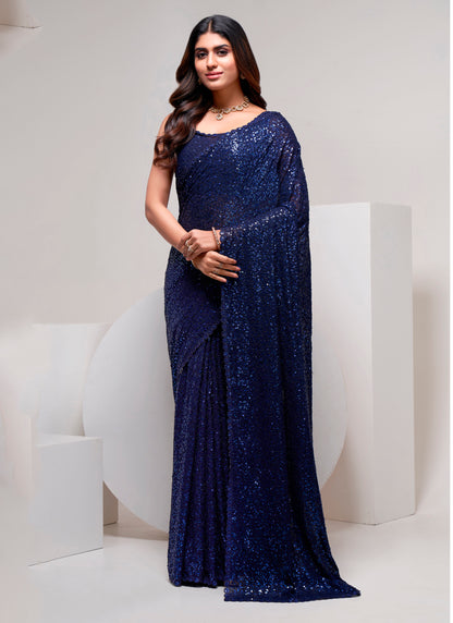 Neavy Blue Designer Sequin Saree With Blouse