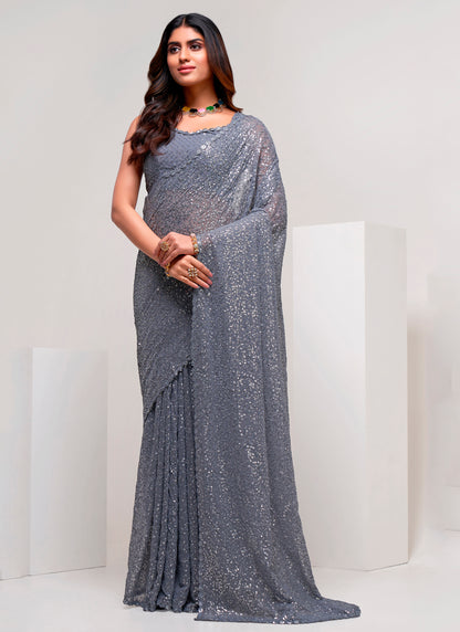 Grey Colour Fully Sequined Designer Saree