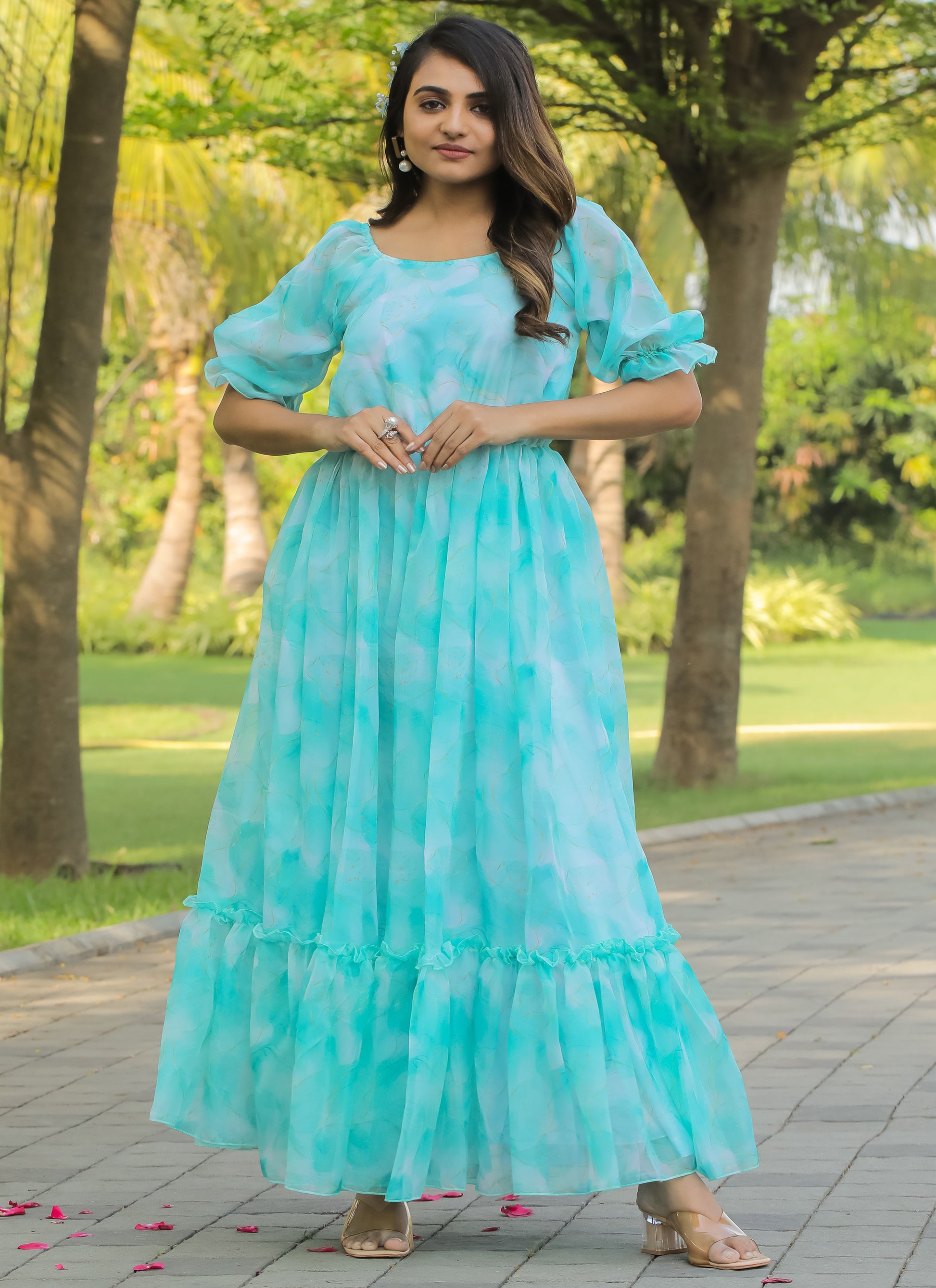 Organza Sky-Blue Long Maxi Dress