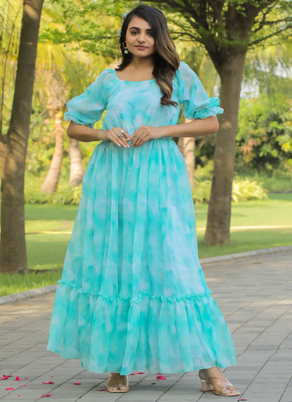 Organza Sky-Blue Long Maxi Dress Indian Rani Organza Sky-Blue Long Maxi Dress Indian Rani