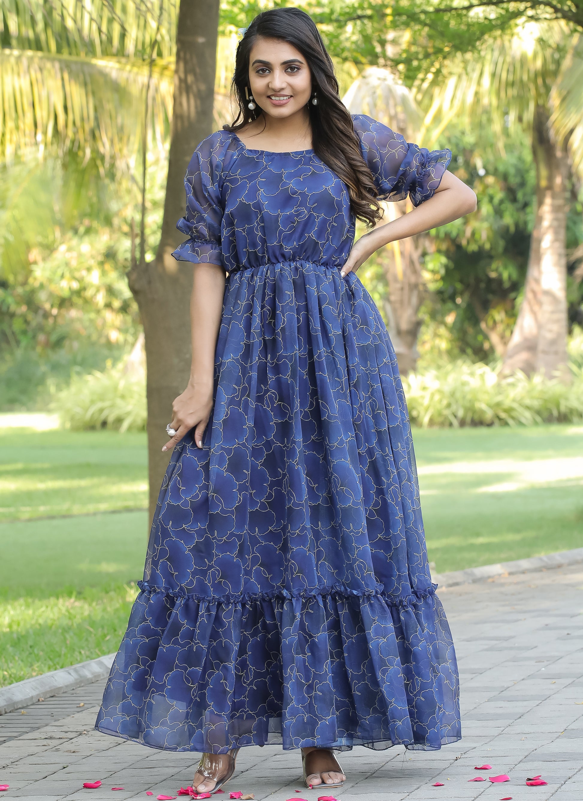 Organza Navy-Blue Long Maxi Dress