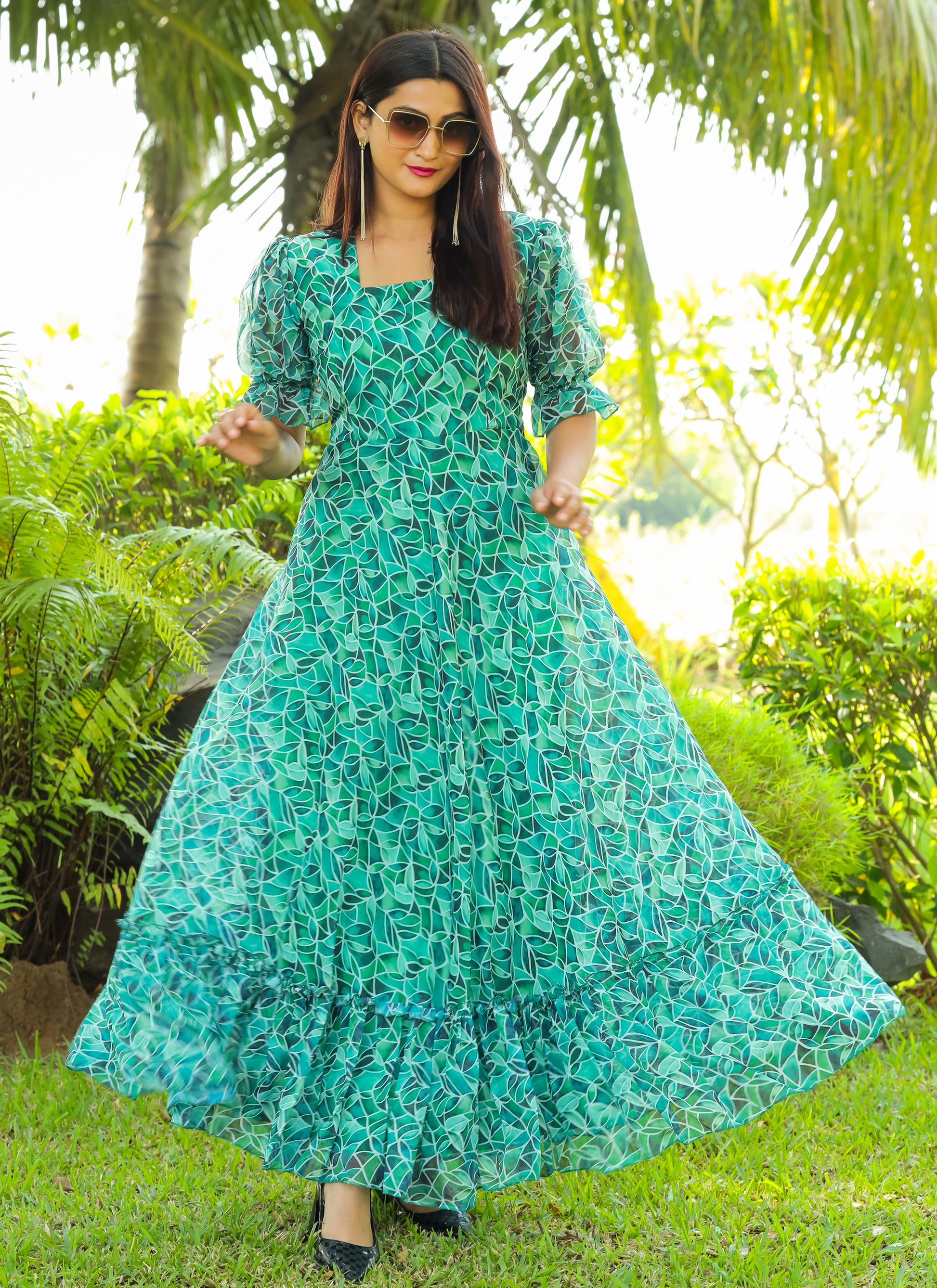 Organza Green Long Maxi Dress Indian Rani Organza Green Long Maxi Dress Indian Rani
