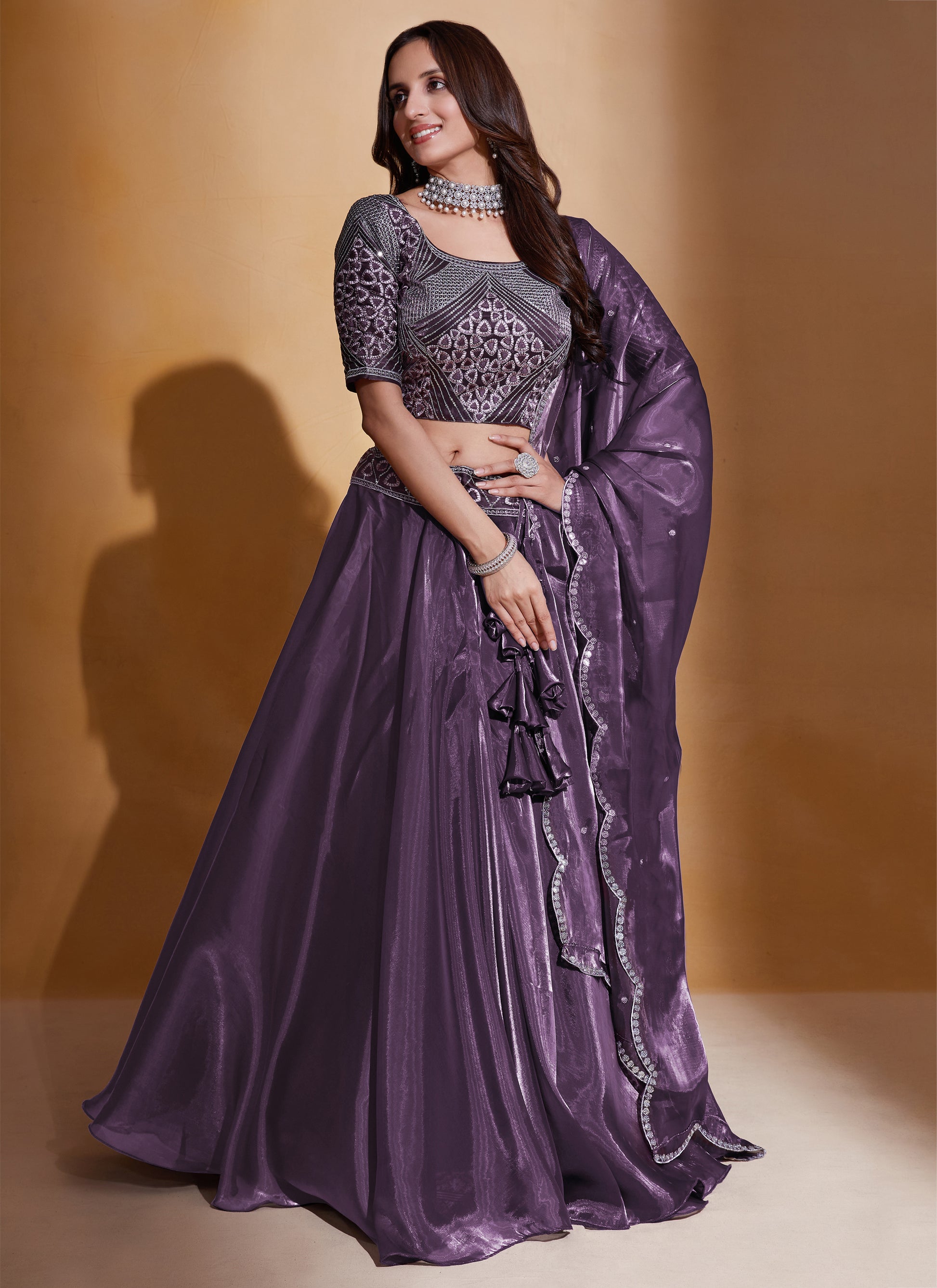 Organza Silk Purple Lehenga Choli Indian Rani Organza Silk Purple Lehenga Choli Indian Rani
