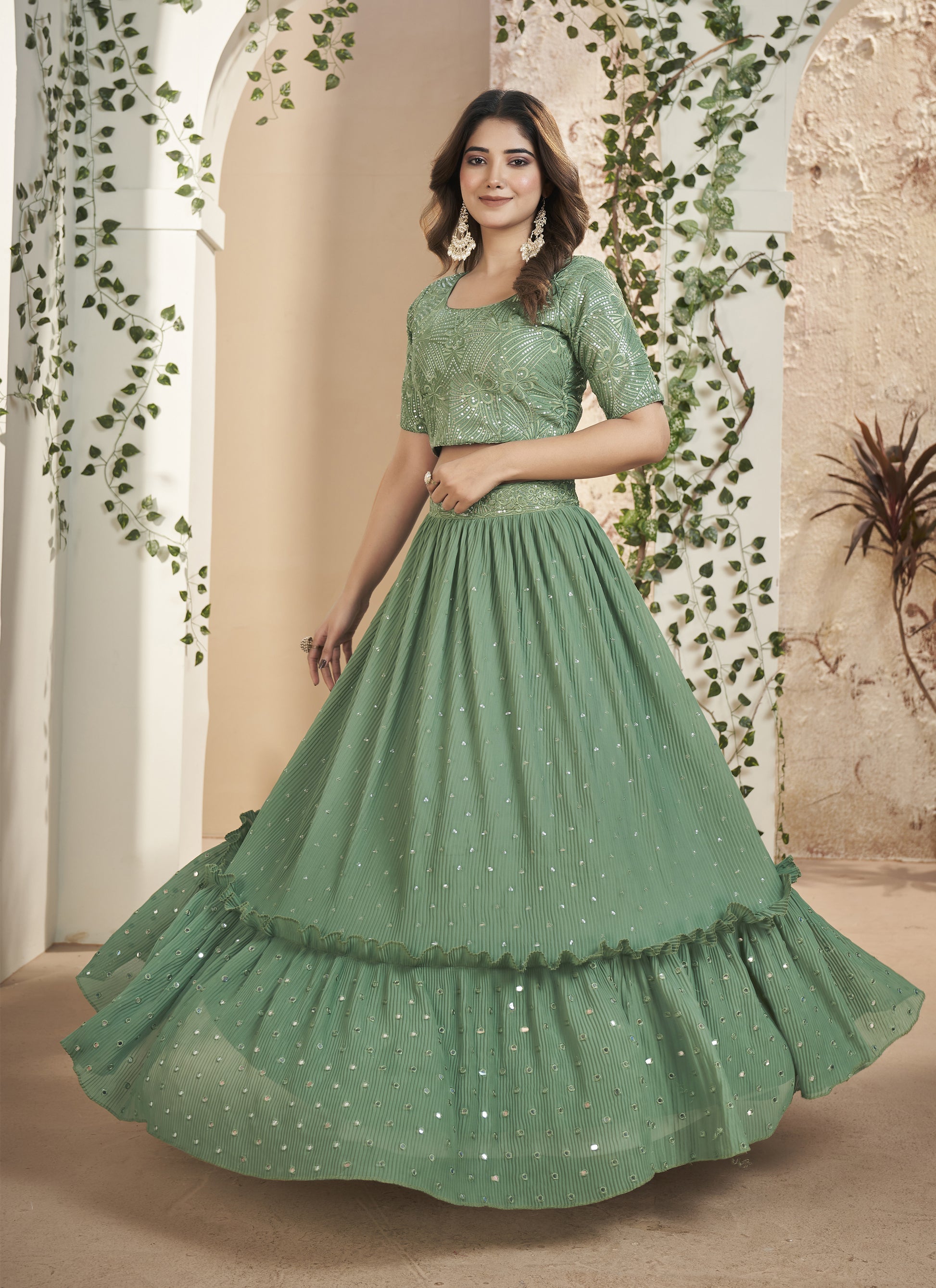 Fancy Pista Green Gorgette Lehenga Choli Indian Rani Fancy Pista Green Gorgette Lehenga Choli Indian Rani
