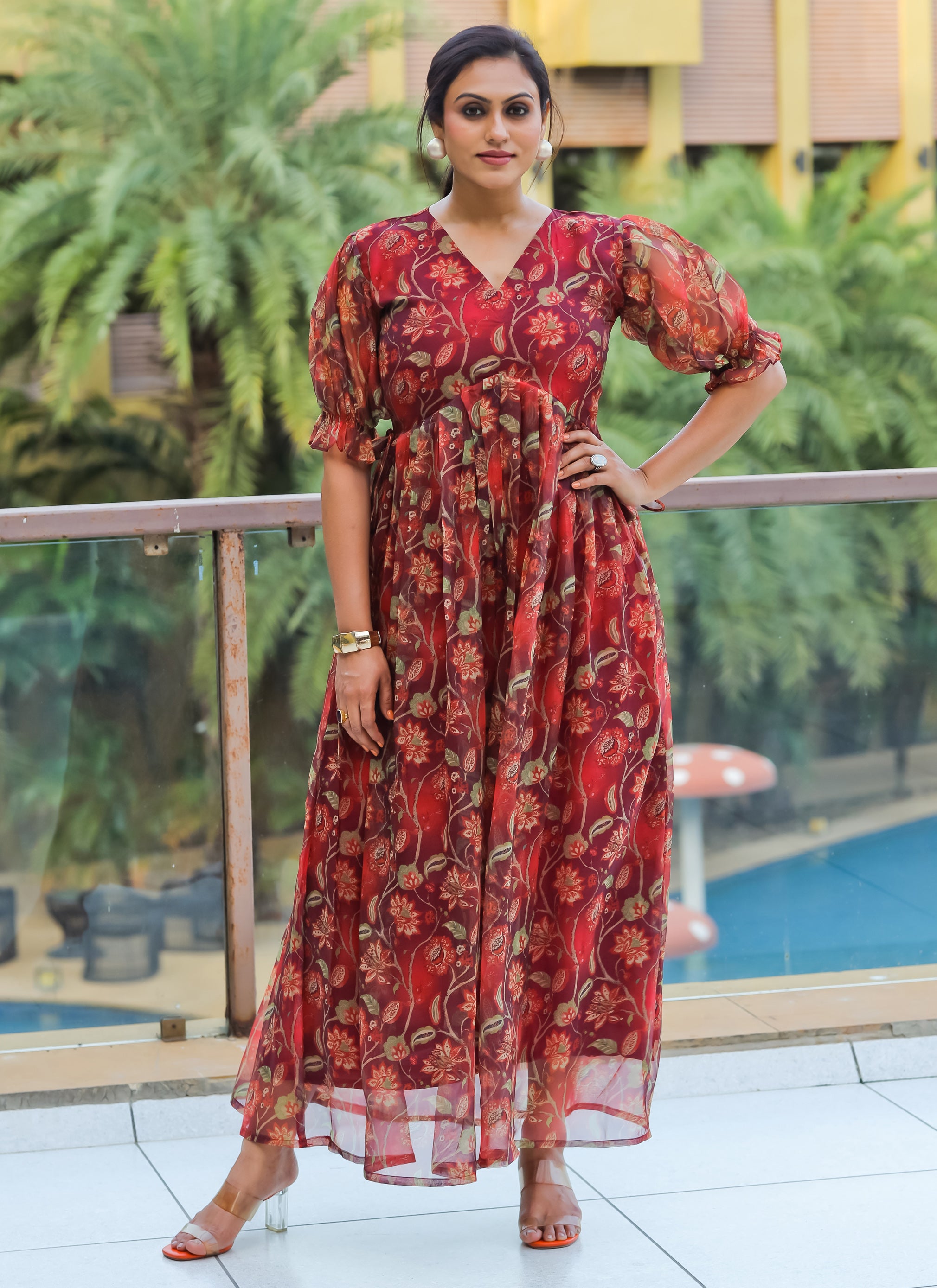 Pure Organza Maroon Maxi Dress | 100% Money Back Guarantee – Indian Rani