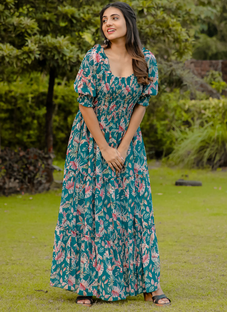 Printed Rama Blue Long Maxi Dress