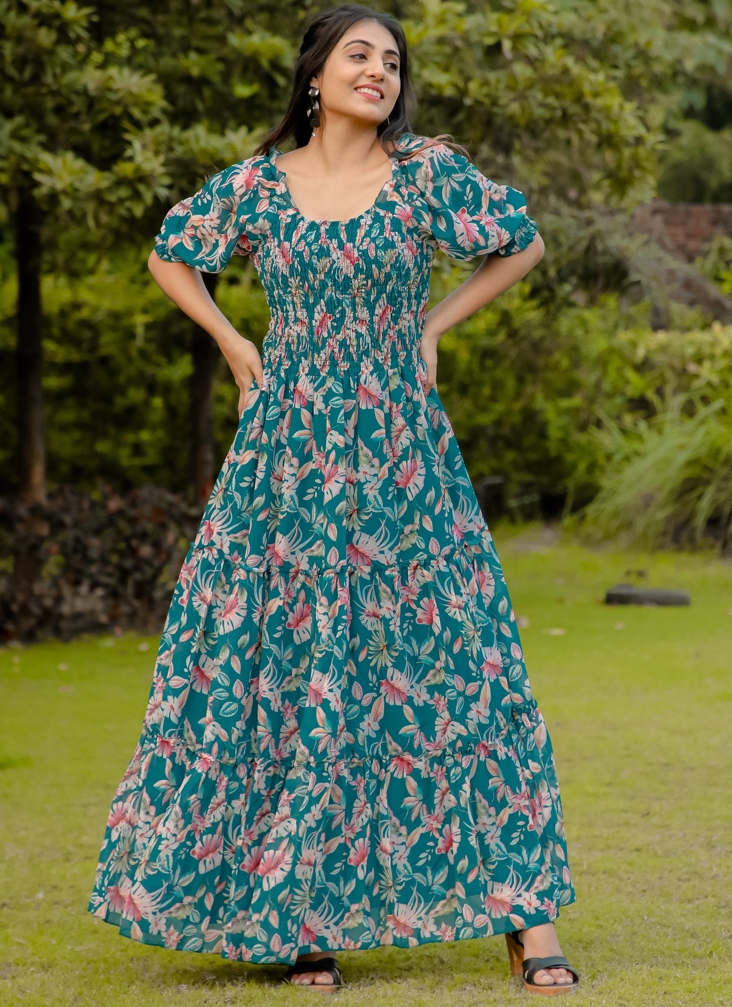 Printed Rama Blue Long Maxi Dress