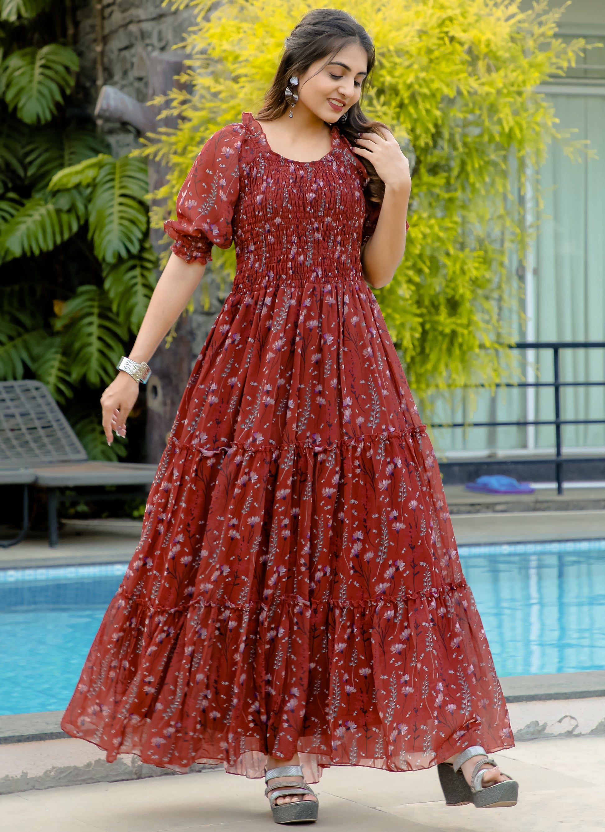 layered maxi dress online india Yellow Printed Cotton Maxi Dress
