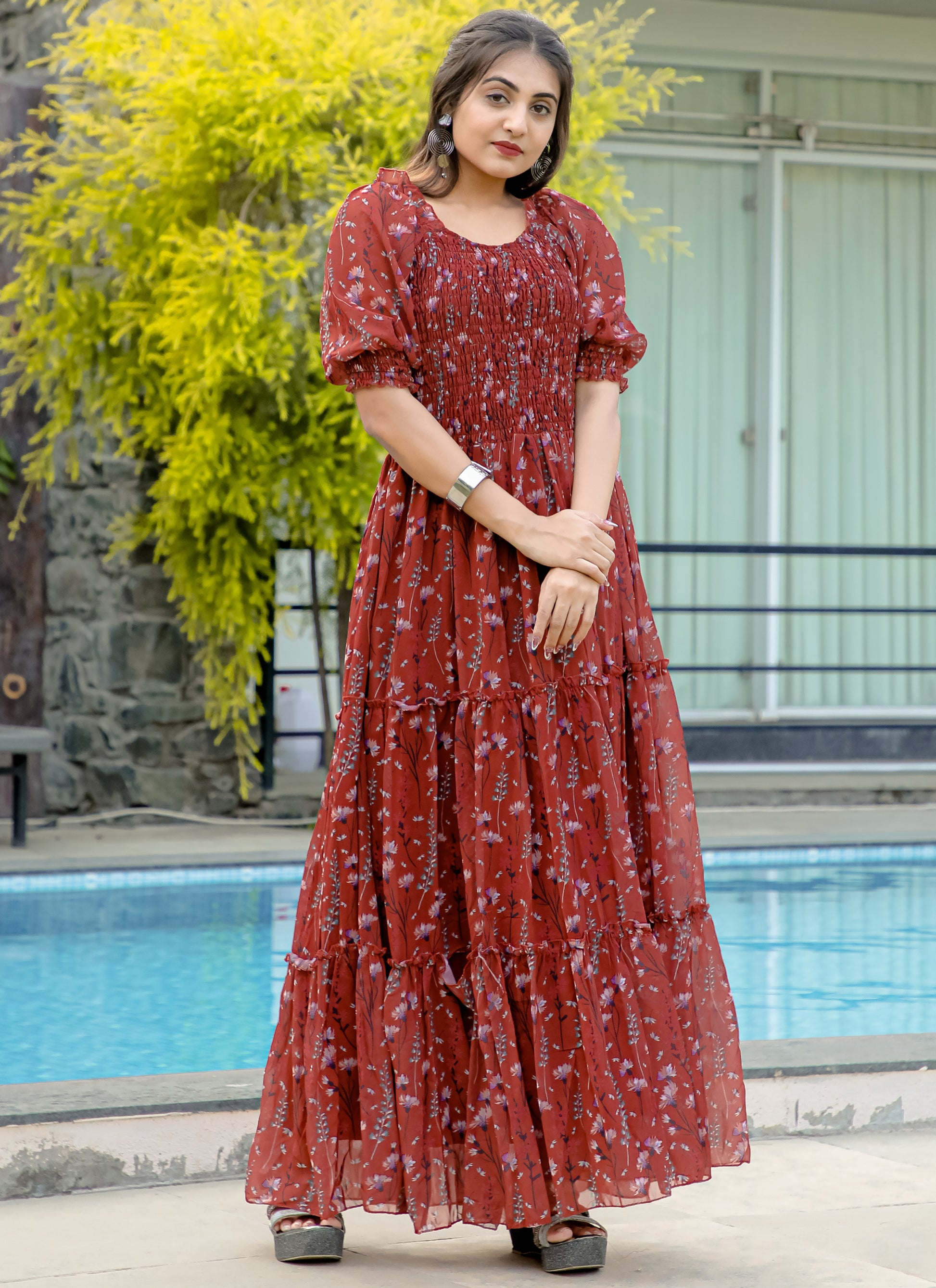 Printed Marron Long Maxi Dress