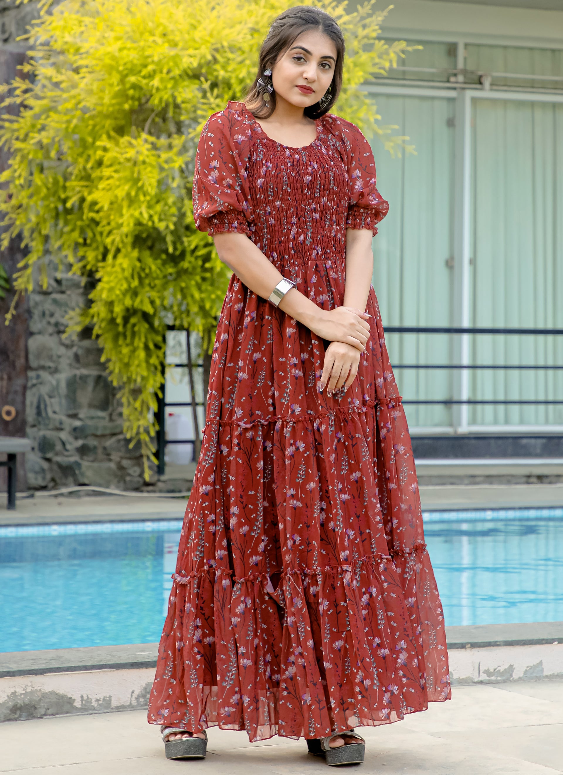 chinese dress ladies Printed Marron Long Maxi Dress