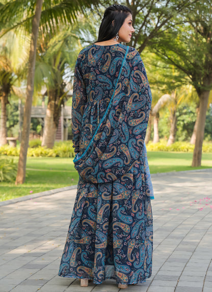 Printed Blue Gown With Dupatta