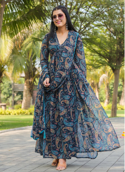 Printed Blue Gown With Dupatta
