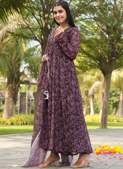 Printed Marron Gown With Dupatta