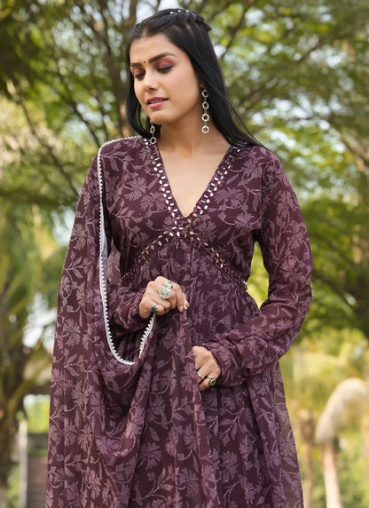 Printed Marron Gown With Dupatta
