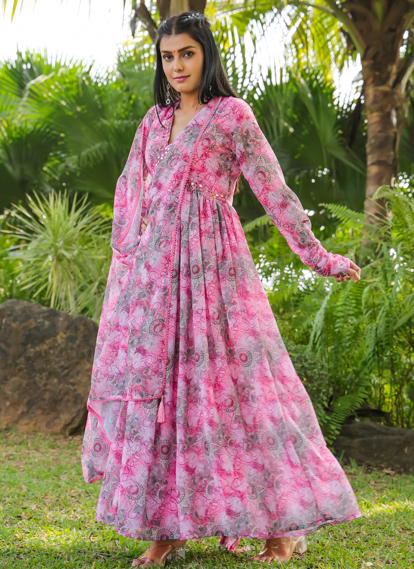 Printed Pink Gown With Dupatta