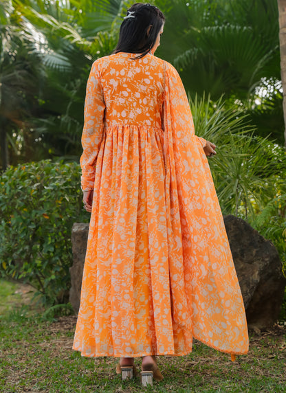 Printed Yellow Gown With Dupatta