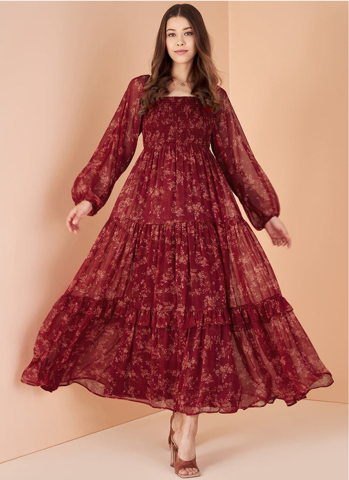 Maroon Gorgette Printed Western Maxi Dress