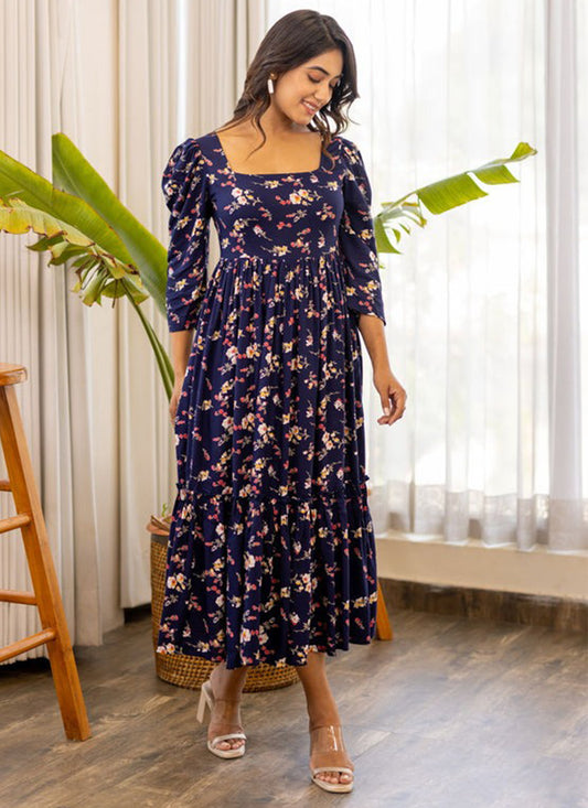 Blue Printed Rayon Party Wear Dress