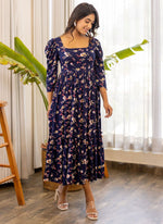 Blue Printed Rayon Party Wear Dress