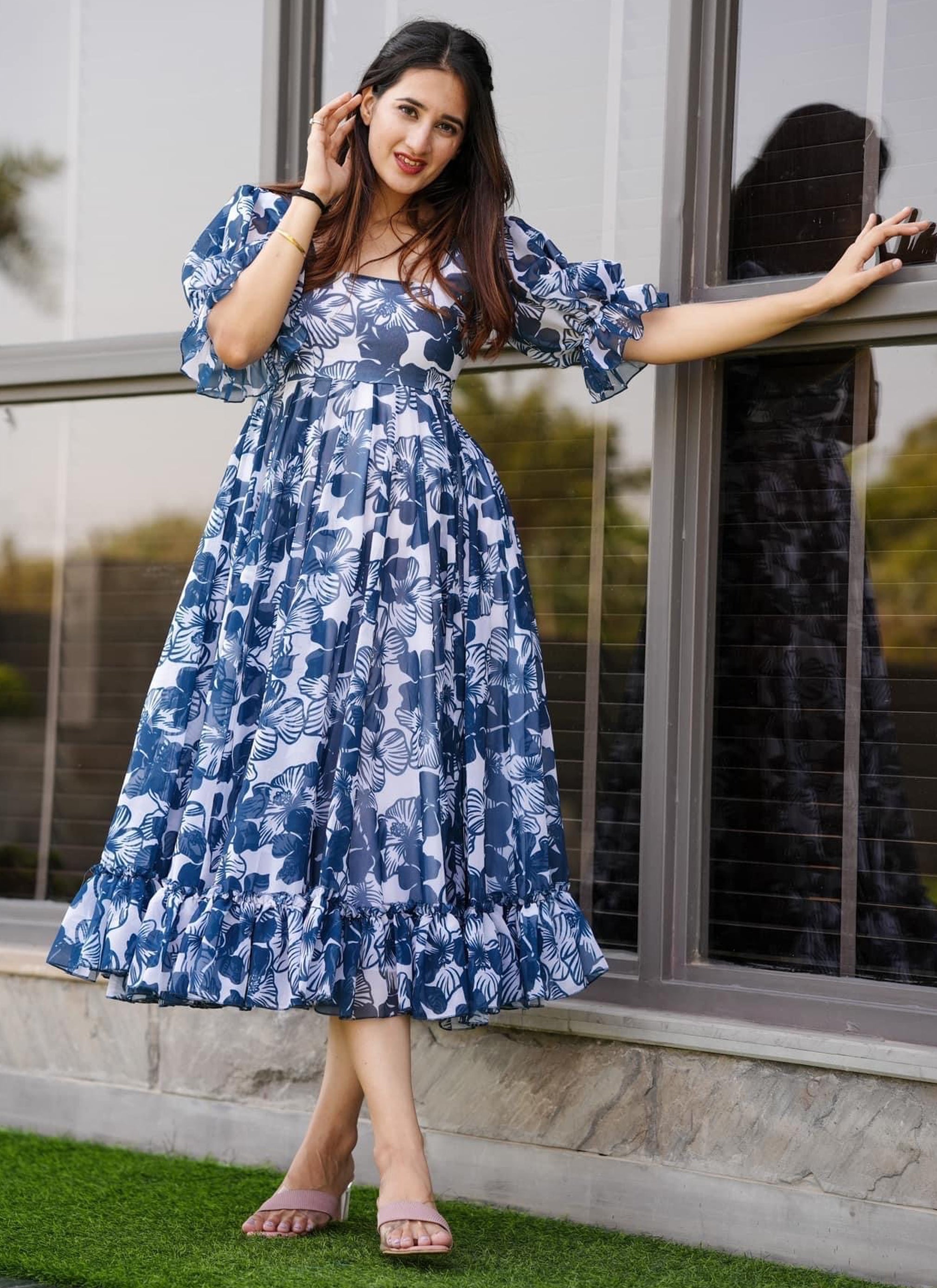 Navy Blue Georgette Western Dress – Indian Rani