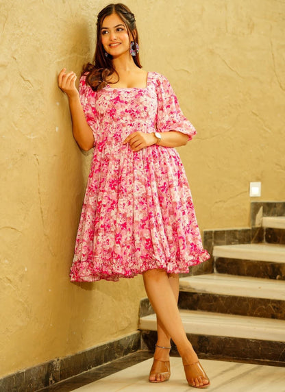 Pink White Floral Western Dress