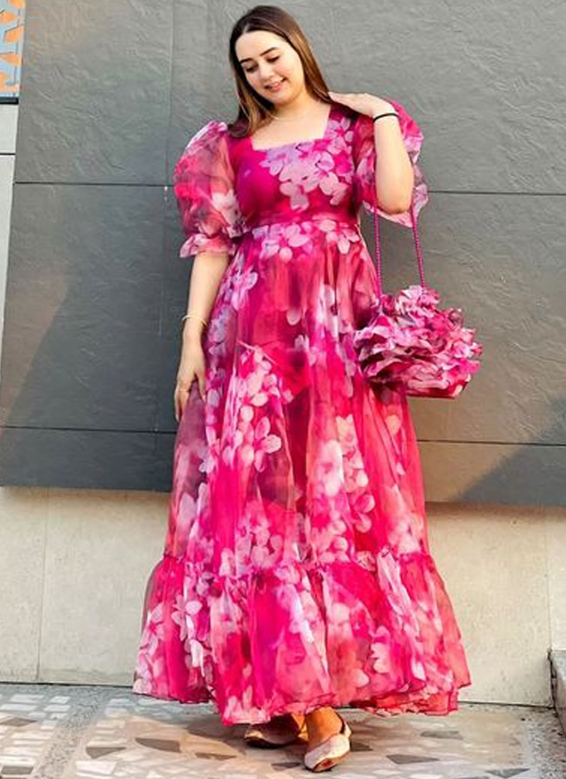Pink Organza Maxi Dress Get it with 57% discount – Indian Rani