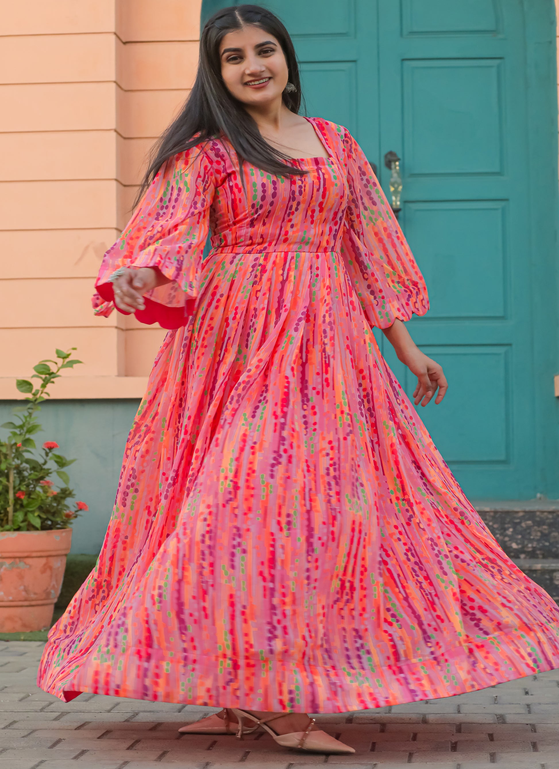 Peach Georgette Long Maxi Dress - Main Image